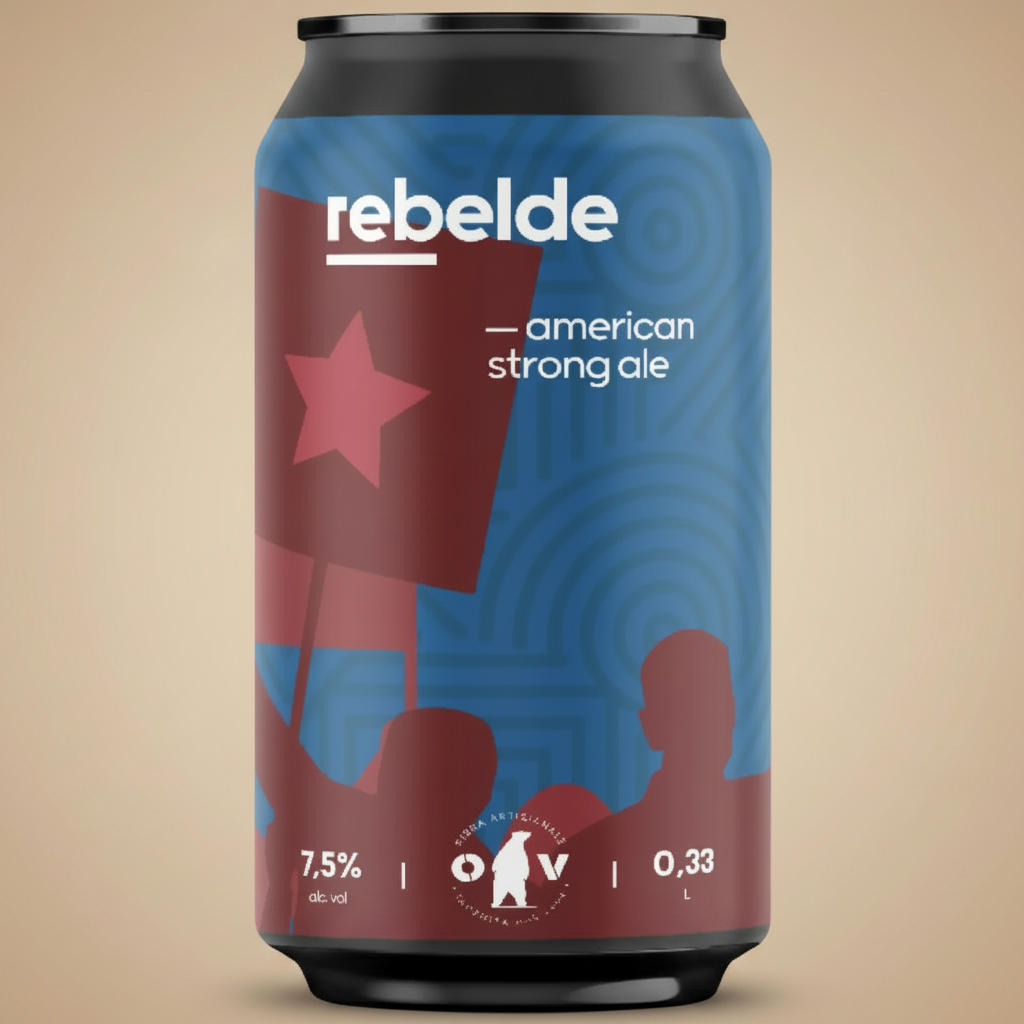 Can of "rebelde" American strong ale with a red star and silhouettes of people.