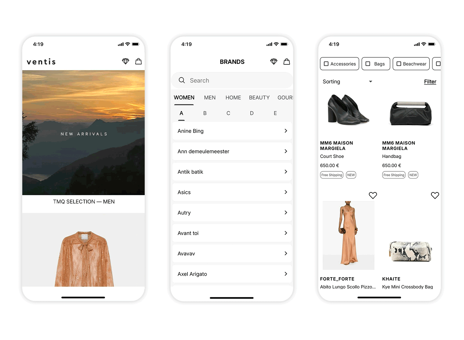 Collage of mobile app screens showing e-commerce product pages for clothing, accessories and landscape hero images