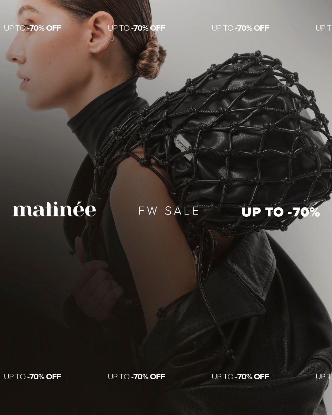 Profile of a model in a black sleeveless top carrying a knotted leather backpack, fashion FW sale banner 'Up to 70% off'