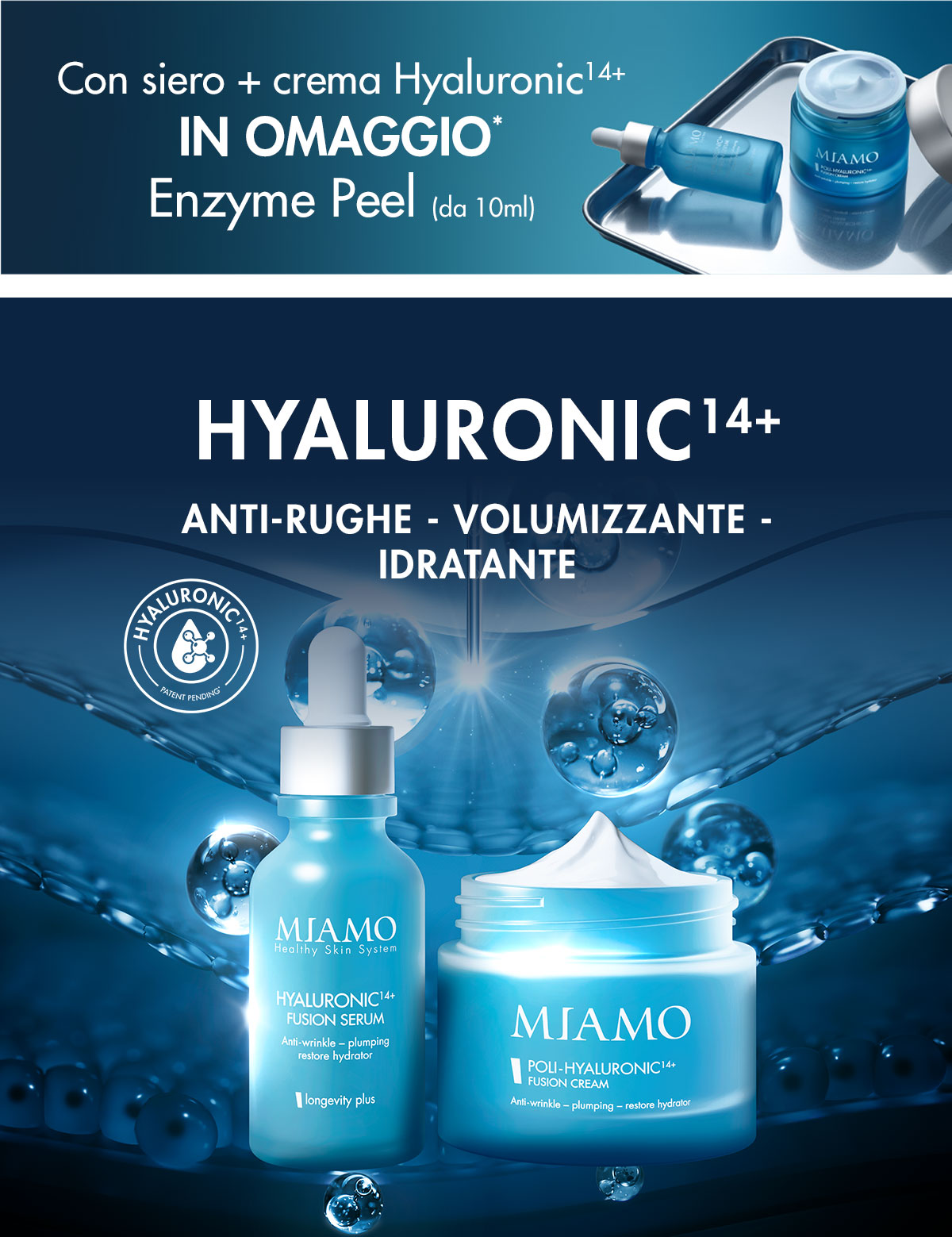 promo hyaluronic 14+, siero + crema in omaggio enzyme peel 
