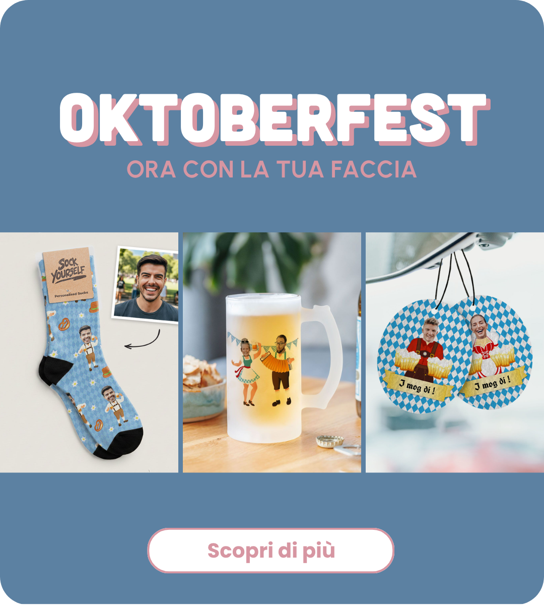 Regali Oktoberfest personalizzati: calzini, boccale e profumatore con la tua foto