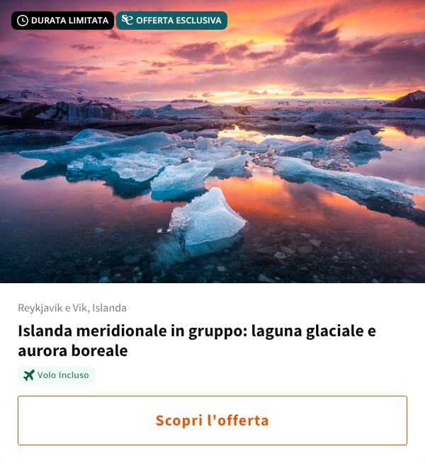 Islanda meridionale in gruppo: laguna glaciale e aurora boreale