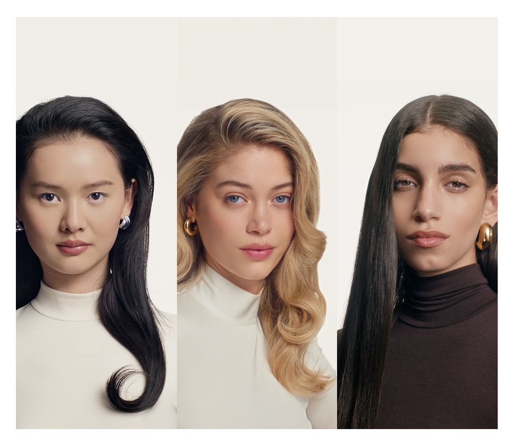Tre modelle con styling creato utilizzando lo styler asciugacapelli Dyson Airwrap Co-anda2x.