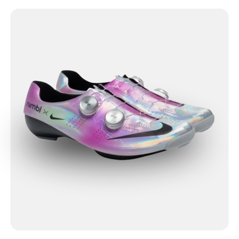 Iridescent pink road cycling shoes with dual BOA dials, black Nike swoosh and "nimbl x" branding