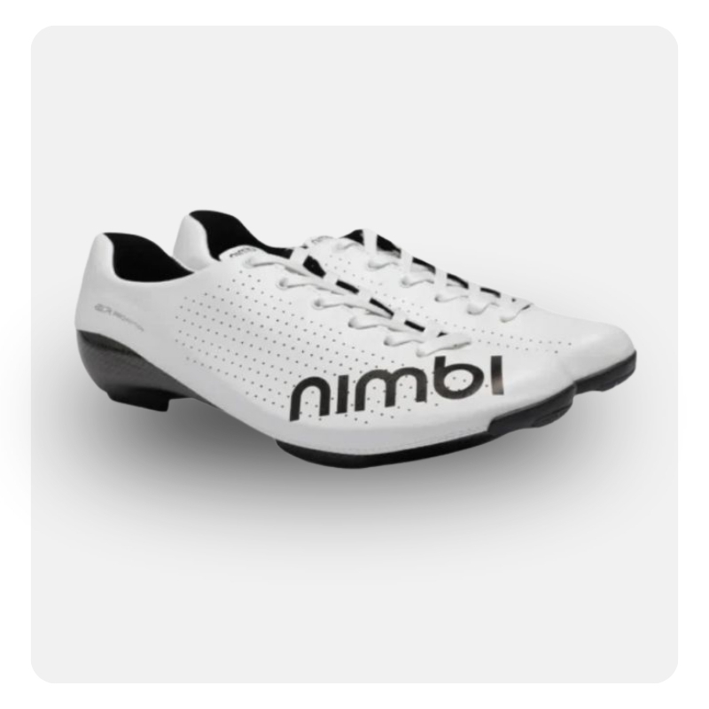 Pair of white lace-up road cycling shoes with perforated uppers, black soles and bold 'nimb' logo