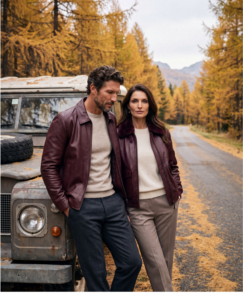 Nuova collezione D’Arienzo: giacche in pelle bordeaux per lui e per lei.