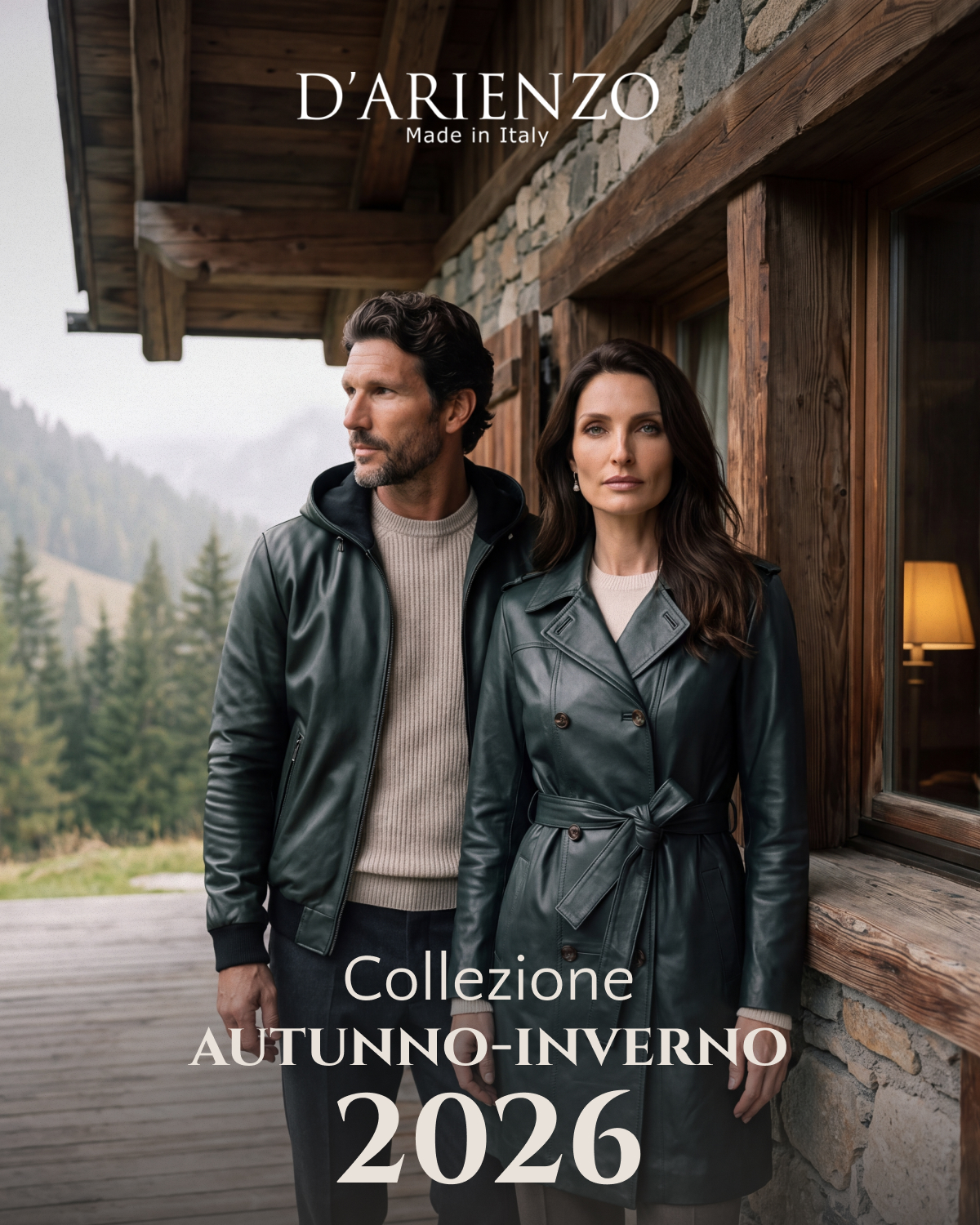 D’Arienzo, collezione autunno-inverno 2026: capi in pelle verde per lui e per lei.