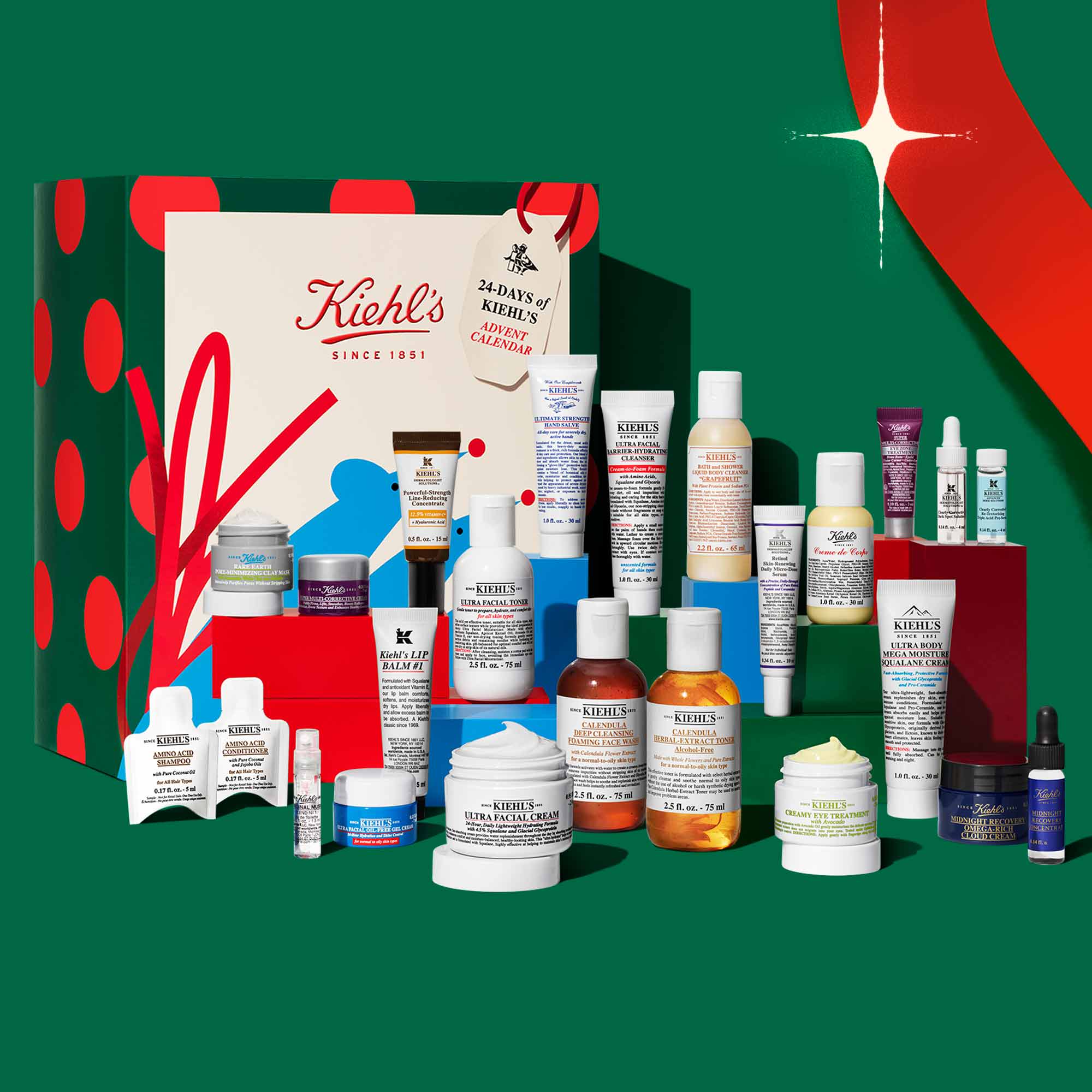 Calendario avvento Kiehl's aperto con tutti i prodotti esposti