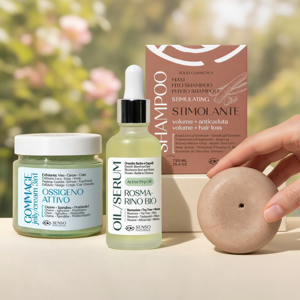 Three skincare products: a jar of scrub, a bottle of serum, and a shampoo bar.