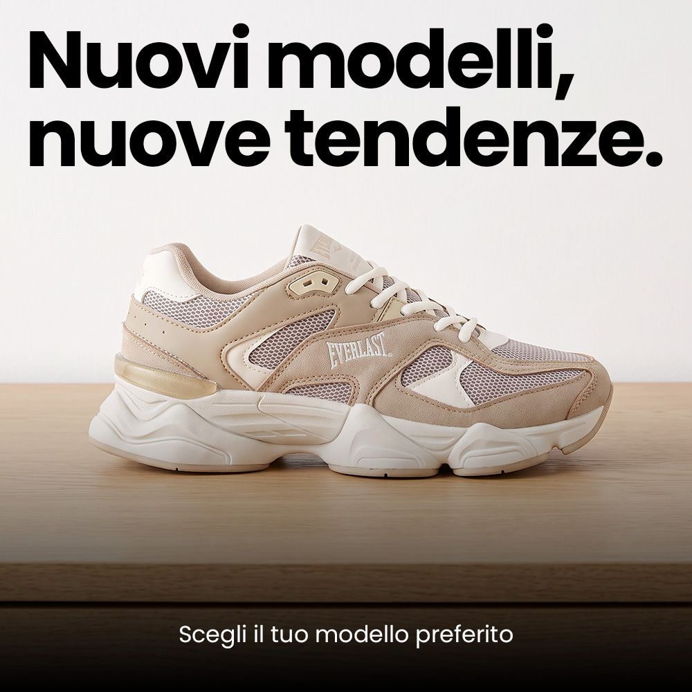 Beige Everlast trainer on a wooden surface with Italian promotional text, chunky sole casual sneaker for everyday wear