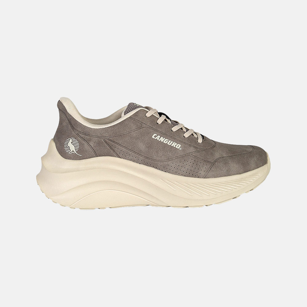 Grey suede Canguro trainer with cream chunky platform sole, lace-up design and embossed side logo