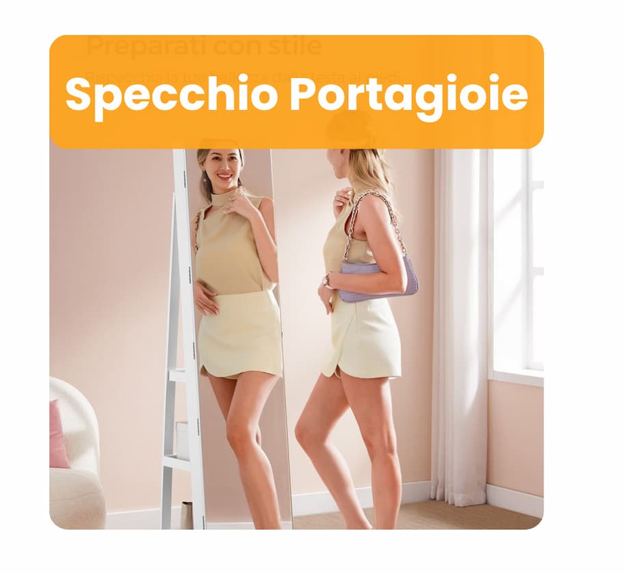 Specchio Portagioie a Figura Intera Girevole con 6 LED Bianco e Greige