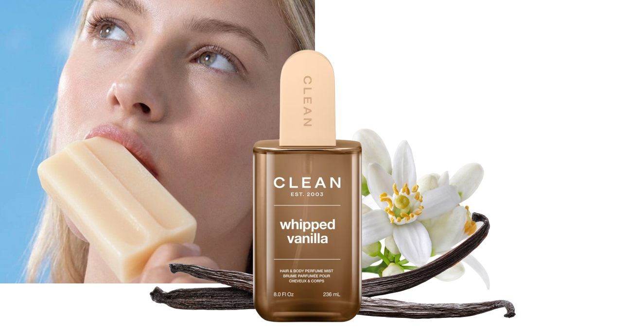 Profumo CLEAN Whipped Vanilla con fiori e baccelli di vaniglia, accostato a un cremoso gelato alla vaniglia che richiama le sue dolci note olfattive.
