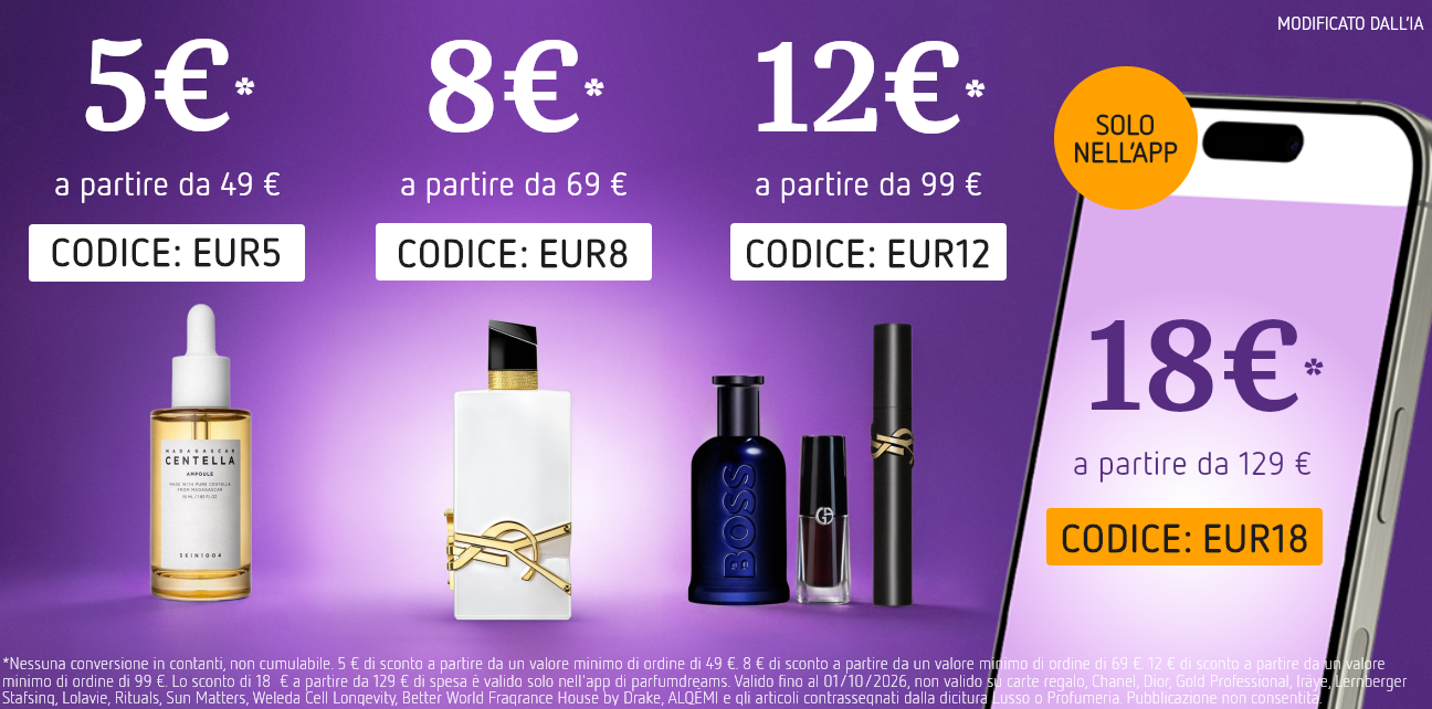 Prodotti beauty con codici sconto esclusivi per l'app: 5€ di sconto a partire da 49€ (EUR5), 8€ di sconto a partire da 69€ (EUR8), 12€ di sconto a partire da 99€ (EUR12), 18€ di sconto a partire da 129€ (EUR18). Promozione valida fino al 23 giugno 2026. Non convertibile in contanti, non combinabile con altre promozioni. Marchi ed esclusioni secondo le condizioni della promozione.