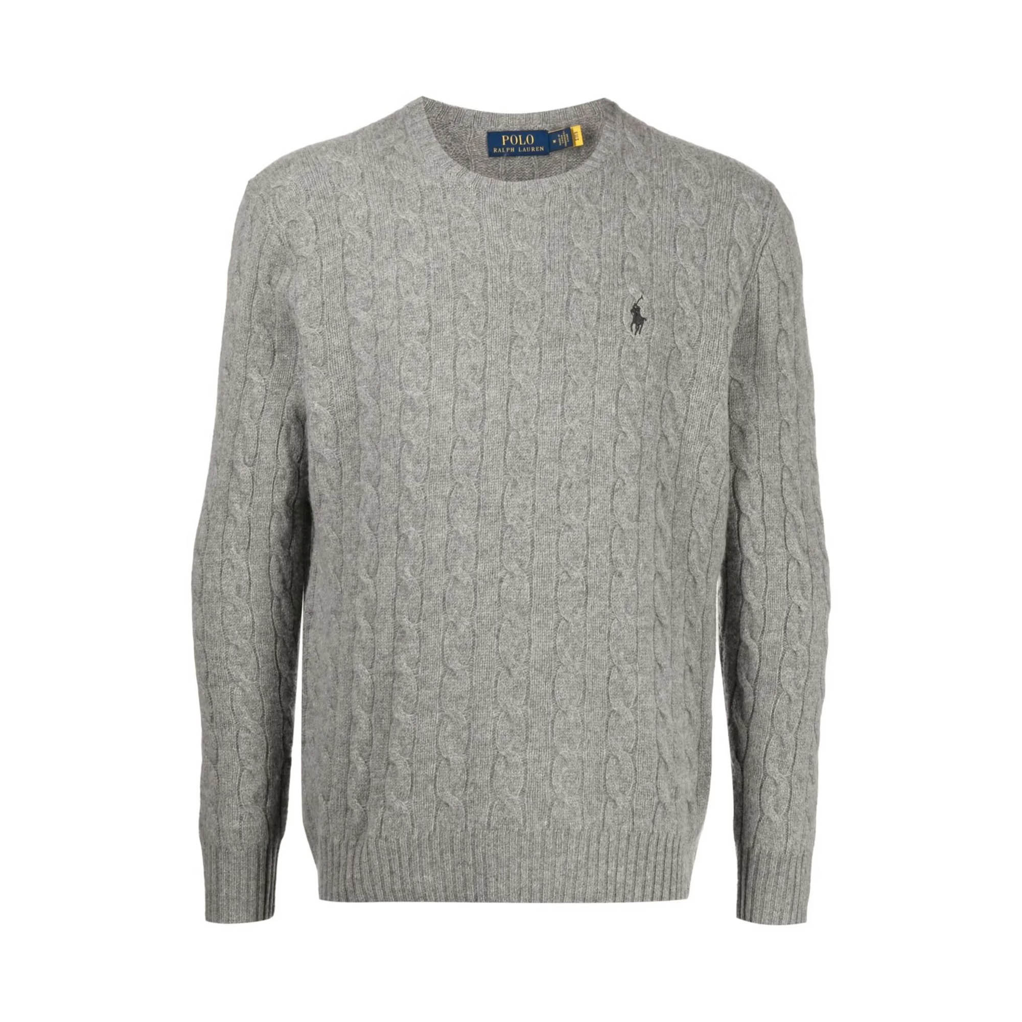 Grey cable-knit Polo Ralph Lauren crew-neck jumper with long sleeves, ribbed hem and cuffs and small embroidered pony logo