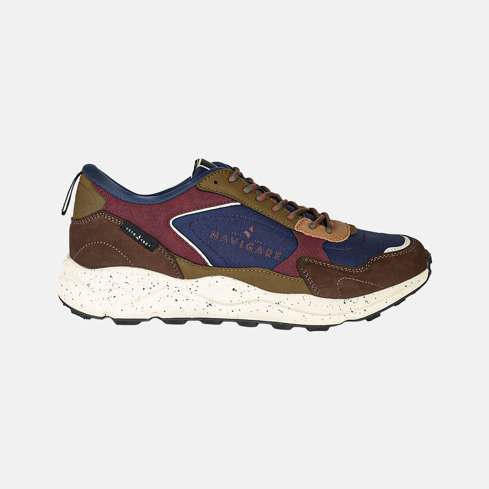 Side view of Navigare men's multicolour suede and fabric trainer with speckled white sole on plain background