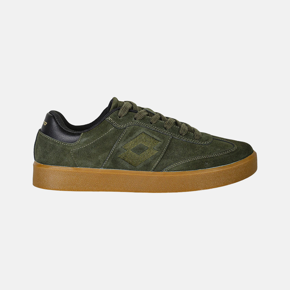 Olive green suede low-top trainer with tonal laces, stitched side logo and gum rubber sole