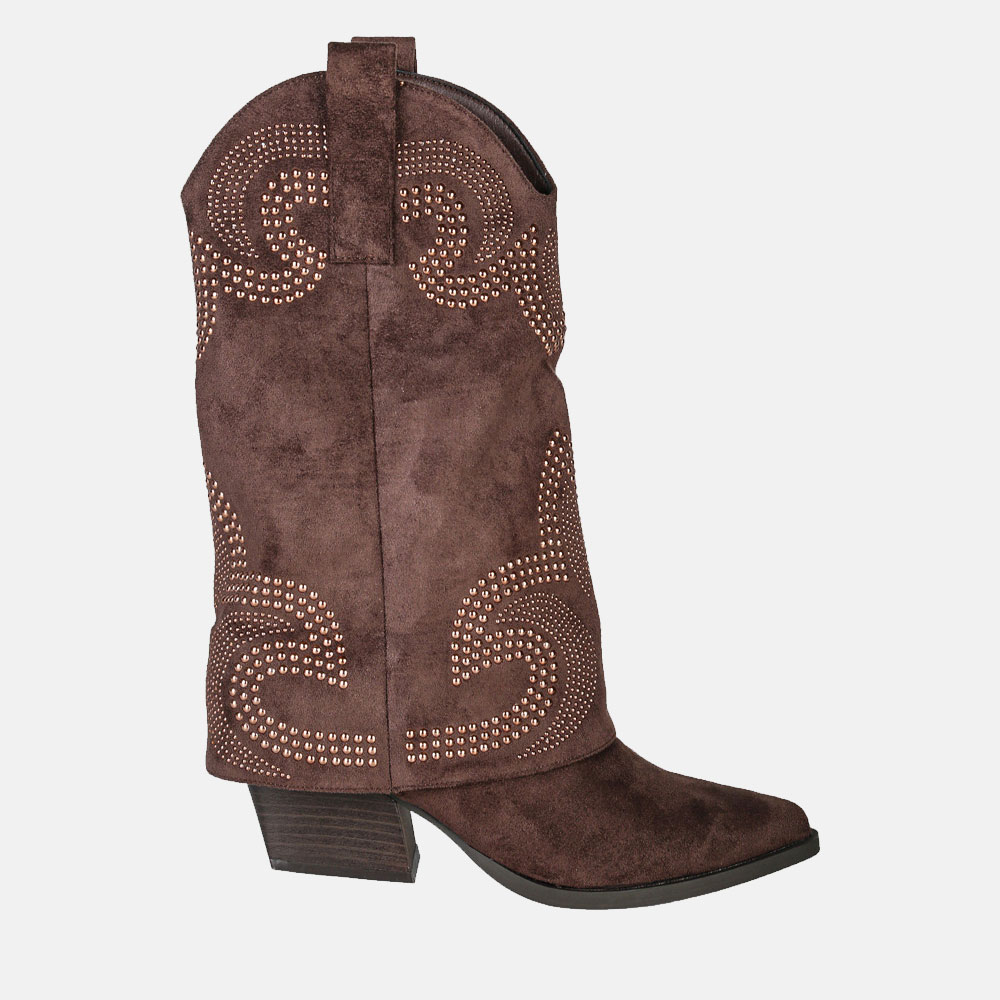 Brown suede western ankle boot with copper stud swirl detailing and stacked heel, side view on white background