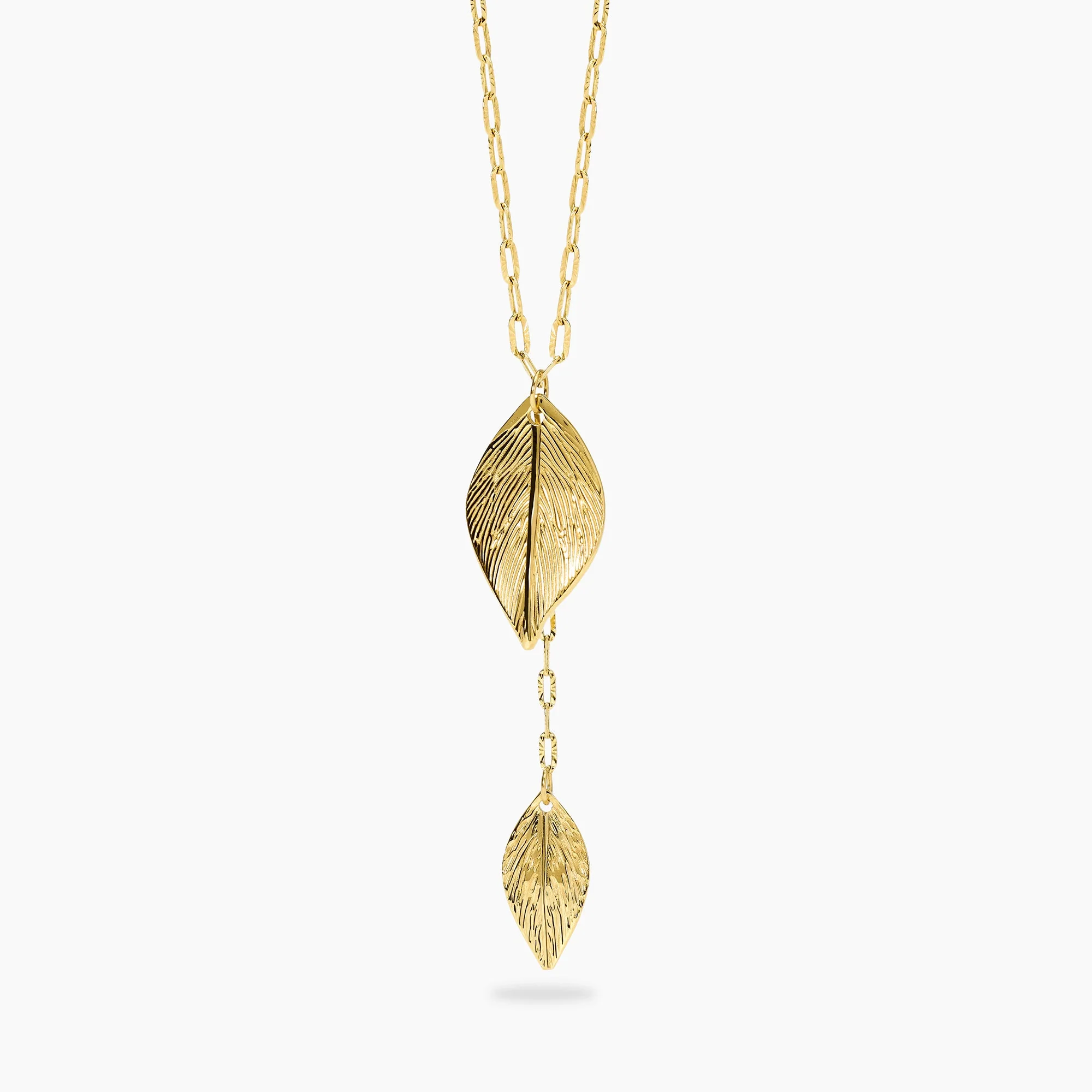Image of Girocollo in acciaio dorato con catena martellata e pendenti foglia STYLE 91