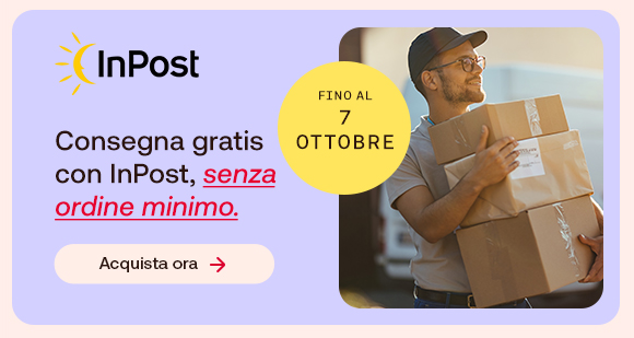 “Consegna gratis con InPost, senza ordine minimo” fino al 7 Ottobre. Pulsante “Acquista ora”. Immagine di un corriere con diversi pacchi.