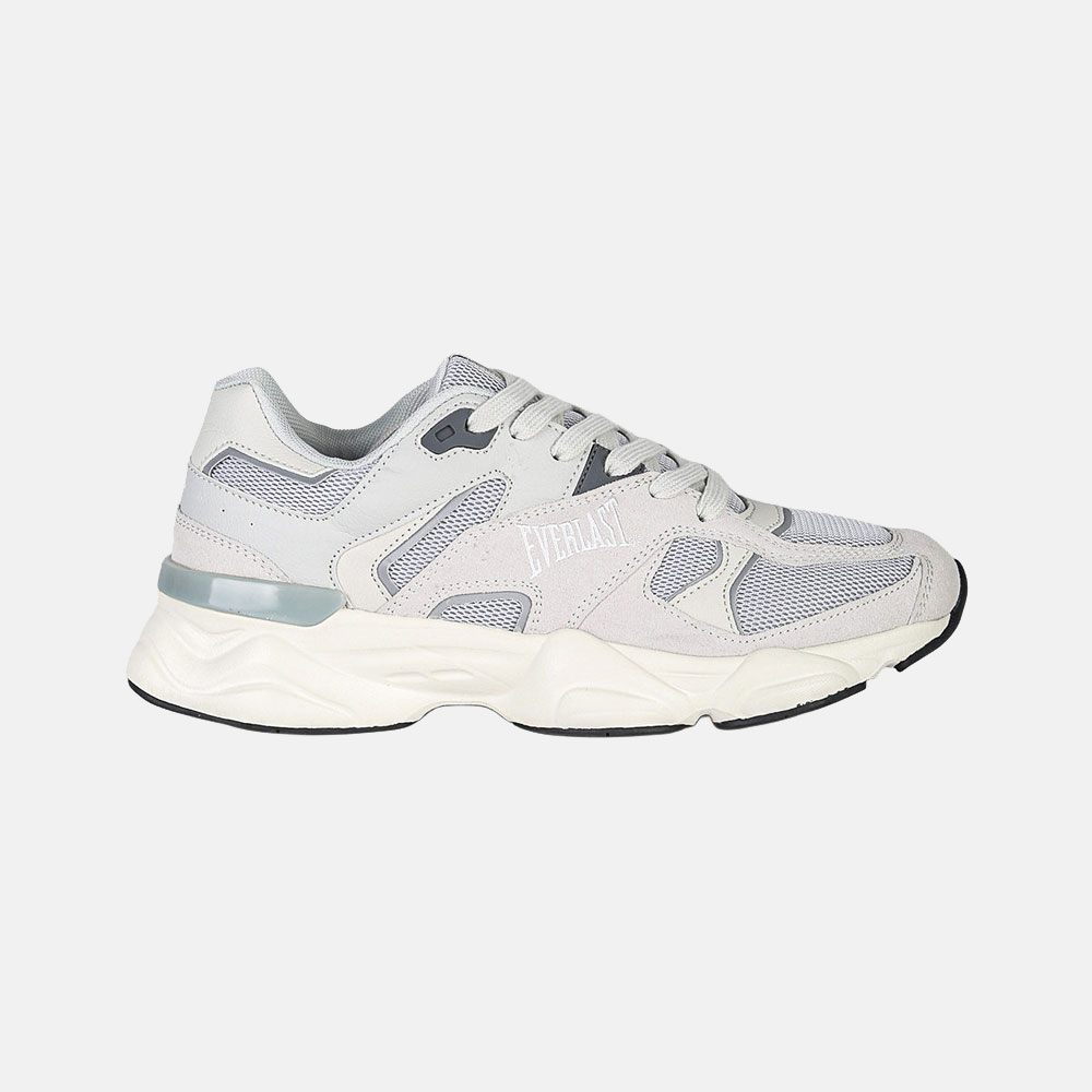 Side view of grey and white Everlast men's running trainer with mesh panels, suede overlays and chunky white sole