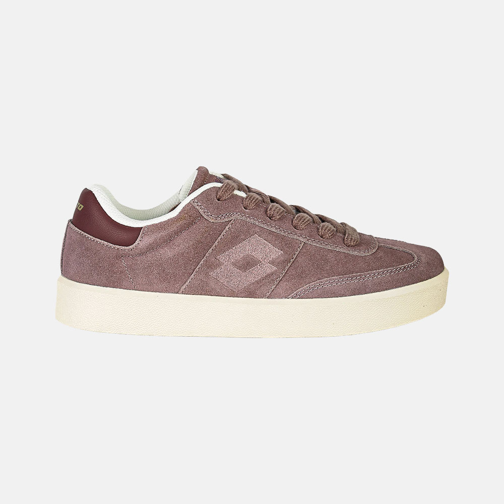 Side view of mauve suede low-top trainer with cream rubber sole, lace-up design and diamond-shaped logo on side