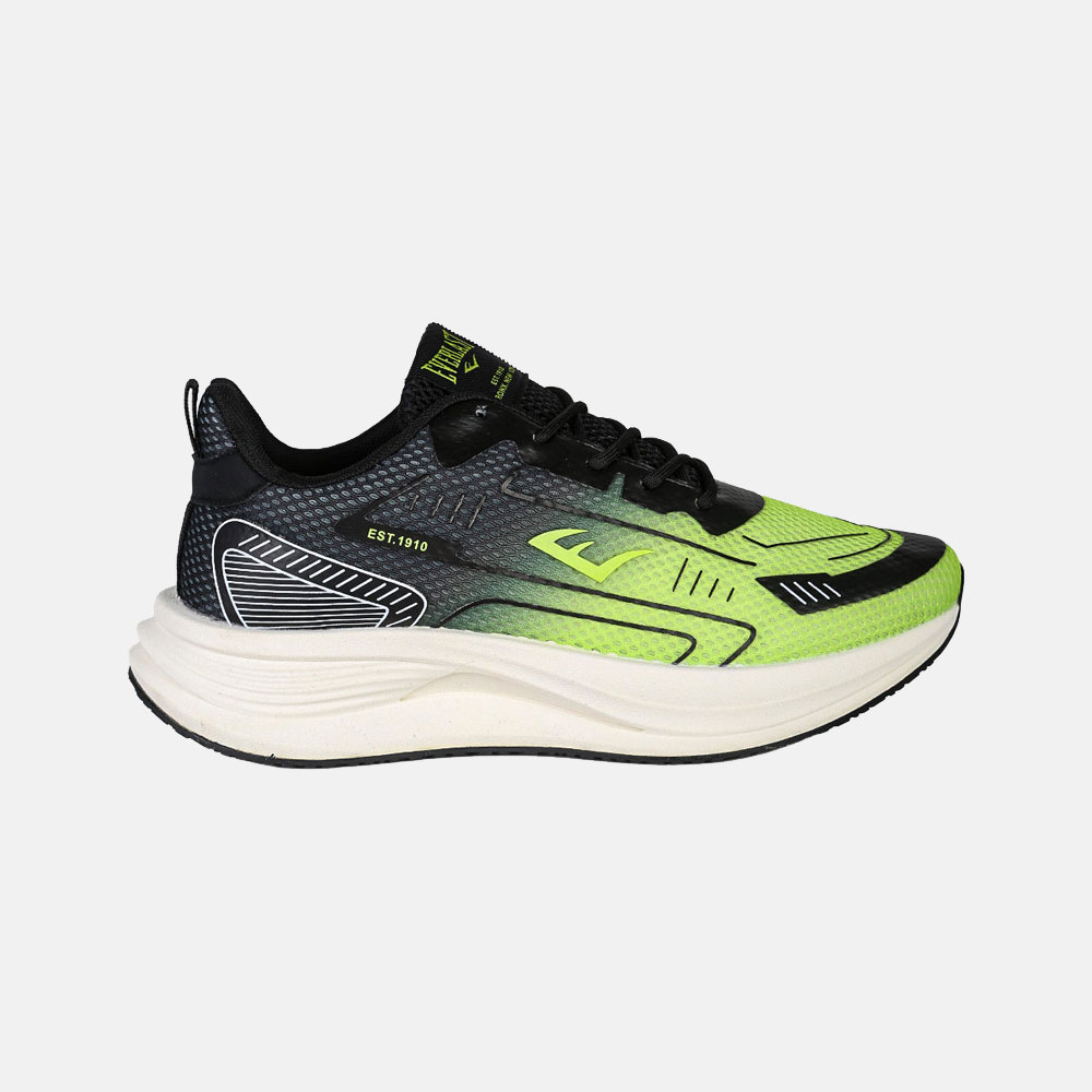 Neon green and black running trainer with breathable mesh upper and thick cushioned white sole, side view
