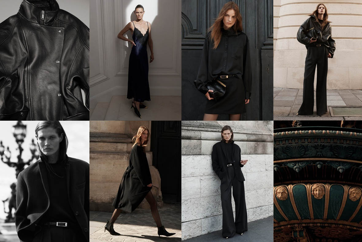 Collage of minimalist women's fashion: models in black leather jacket, silk slip dress and tailored black suits against Parisian architecture
