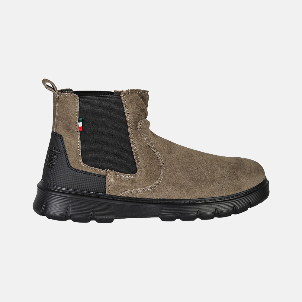 Brown suede Chelsea boot with black elastic side panel, pull tab, black rubber sole and small Italian flag tag, side view