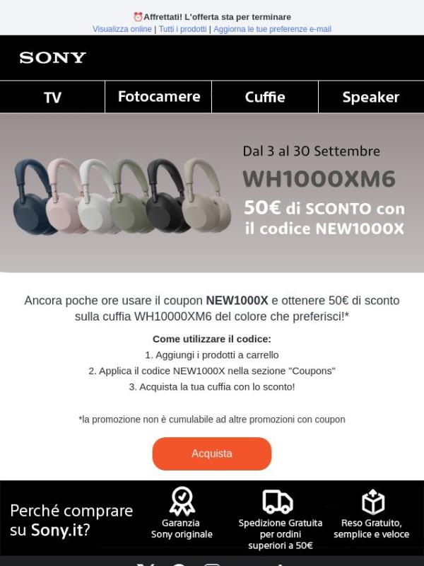 WH1000XM6: Ancora poche ore per avere 50€ di sconto