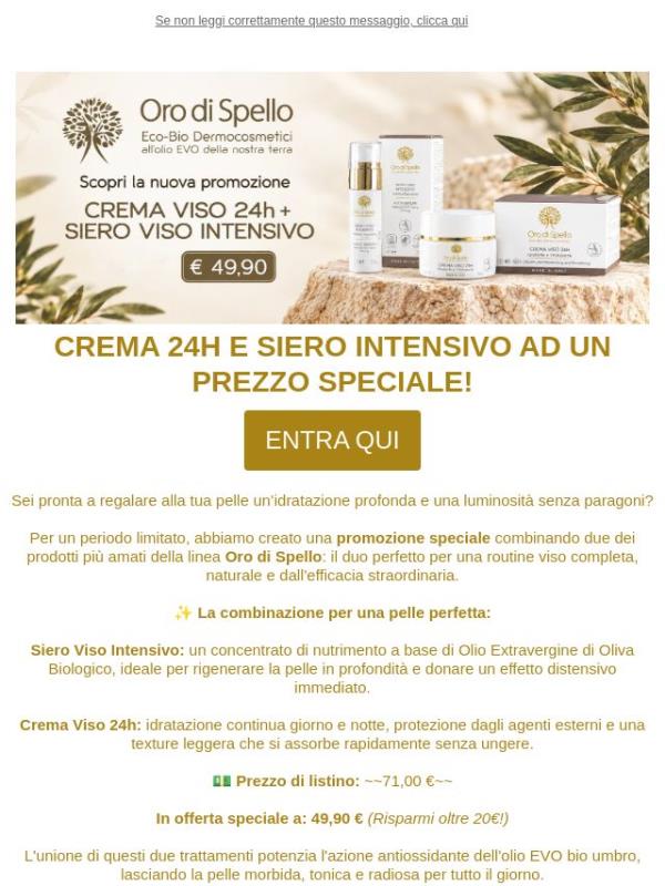Crema Viso 24h + Siero Intensivo Oro di Spello a sole 49,90€ invece di 71€. Approfittane subito!