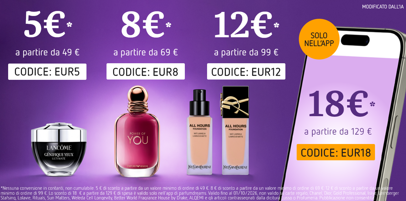 Banner lilla con cosmetici: 5€ di sconto a partire da 49€ di spesa (EUR5), 8€ a partire da 69€ (EUR8), 12€ a partire da 99€ (EUR12) e, da smartphone, 18€ a partire da 129€ solo nell'app (EUR18).