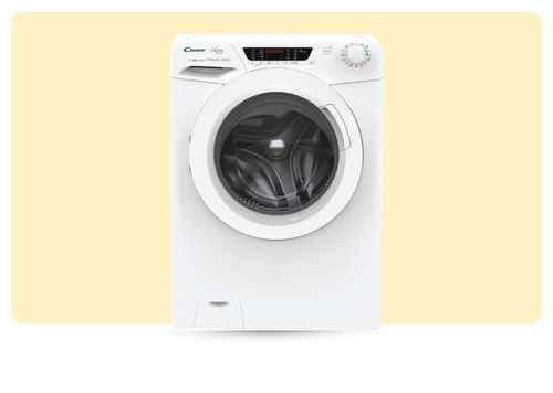 Front-loading white washing machine with circular glass door and control panel, isolated on pale yellow background