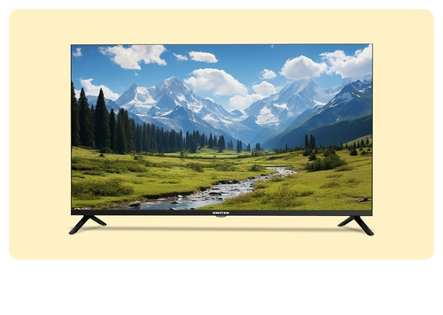 Flat-screen television on a pale yellow background displaying a mountain valley with a meandering river, pine trees and snow-capped peaks