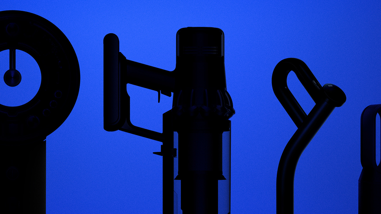 Silhouettes of Dyson products against a blue background.