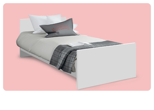 White single bed with white duvet, grey throw and decorative grey pillow, open book on bed against pink background