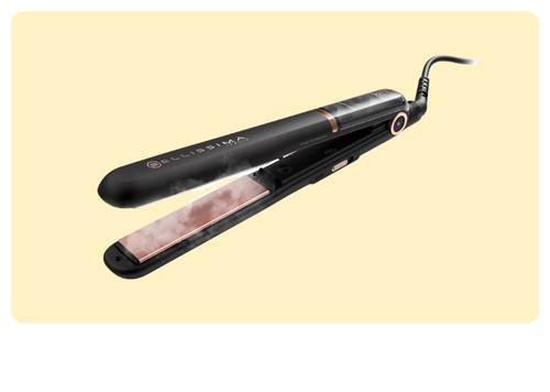 Black Bellissima ceramic hair straightener with rose-gold plates and swivel cord on pale yellow background