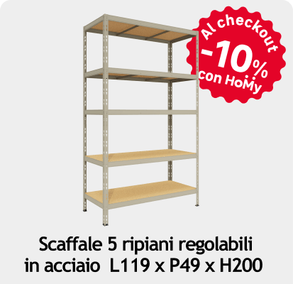 Scaffale 5 ripiani regolabili in acciaio L 119 x P49 X H200 cm