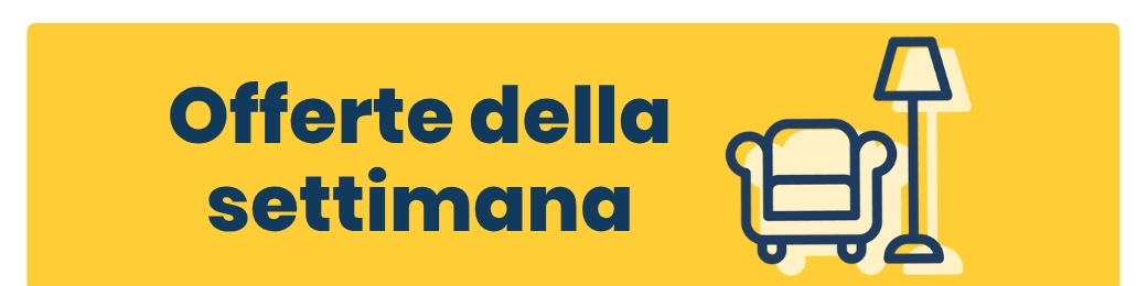 Weekly offers banner with armchair and floor lamp illustration on yellow background