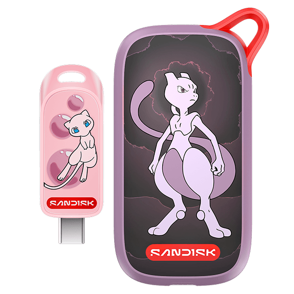 Collage di prodotti Pok&eacute;mon che include un'unit&agrave; flash USB-C Pok&eacute;mon SANDISK, Mew Edition e un SSD portatile Pok&eacute;mon SANDISK, edizione Mewtwo
