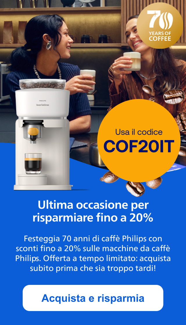 Ultima occasione per risparmiare fino a 20% Festeggia 70 anni di caffè Philips con sconti fino a 20% sulle macchine da caffè Philips. Offerta a tempo limitato: acquista subito prima che sia troppo tardi! Acquista e risparmia
