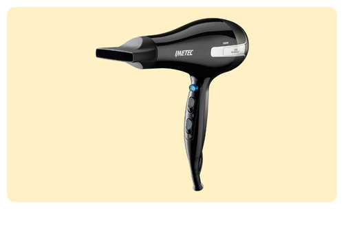 Black Imetec professional hair dryer with concentrator nozzle, ergonomic handle and control buttons on pale cream background