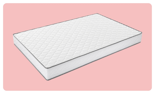 White quilted mattress on pink background, angled view showing slim profile and grey edge piping, product photo