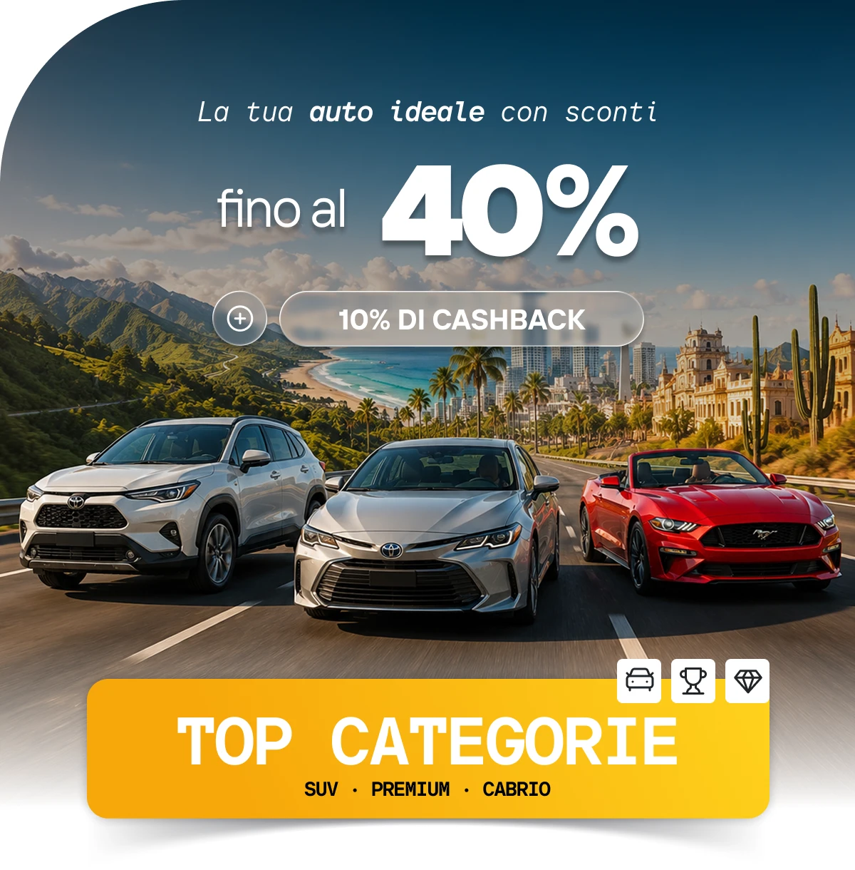 TOP CATEGORIE: La tua auto ideale con sconti fino al 40% + 10% di cashback.