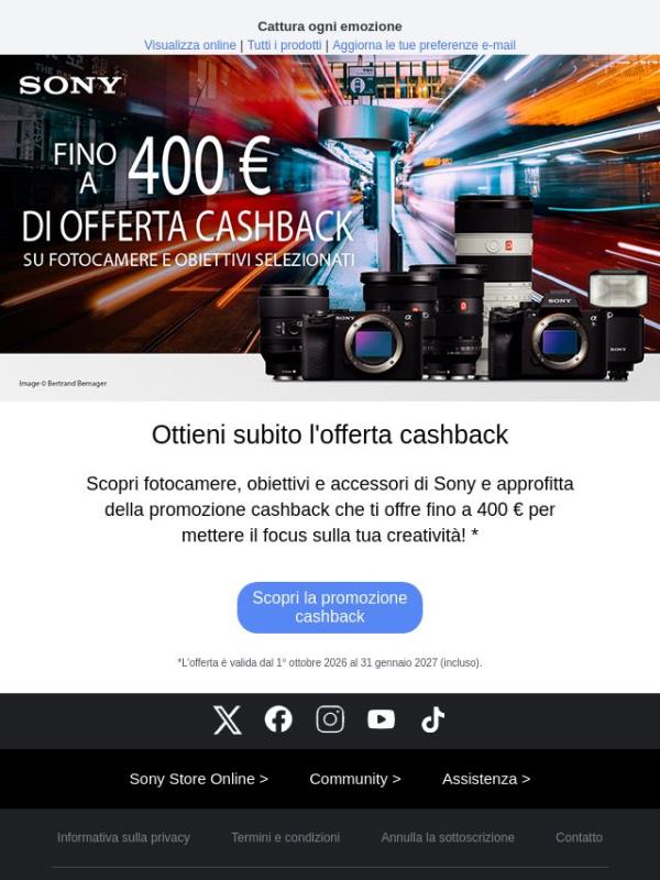 Fino a 400 € di cashback su fotocamere, obiettivi e accessori di Sony