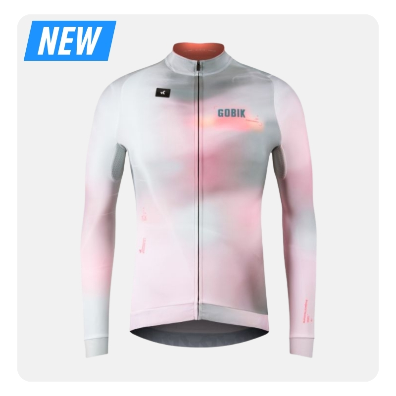 Gobik long-sleeve cycling jersey, white with soft pink gradient, full-zip slim race fit