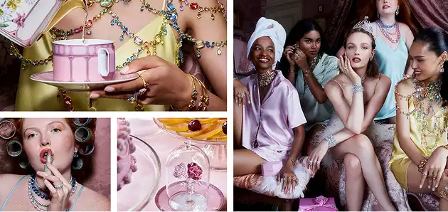 Raccolta di immagini che ritraggono gioielli Swarovski, oggetti d’arredo Swarovski e modelle in abiti colorati