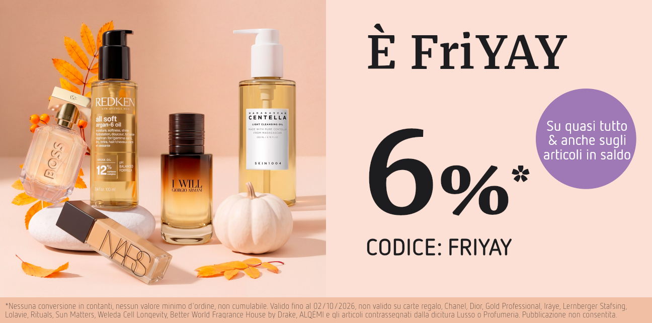 6% di sconto su quasi tutto e sui prodotti in saldo con il codice BEAUTY. Prodotti beauty firmati Redken, NARS, BOSS, Emporio Armani e SKIN1004. Offerta valida fino al 27/09/2026. Si applicano le condizioni della promozione, che prevedono l'esclusione di alcuni marchi.
