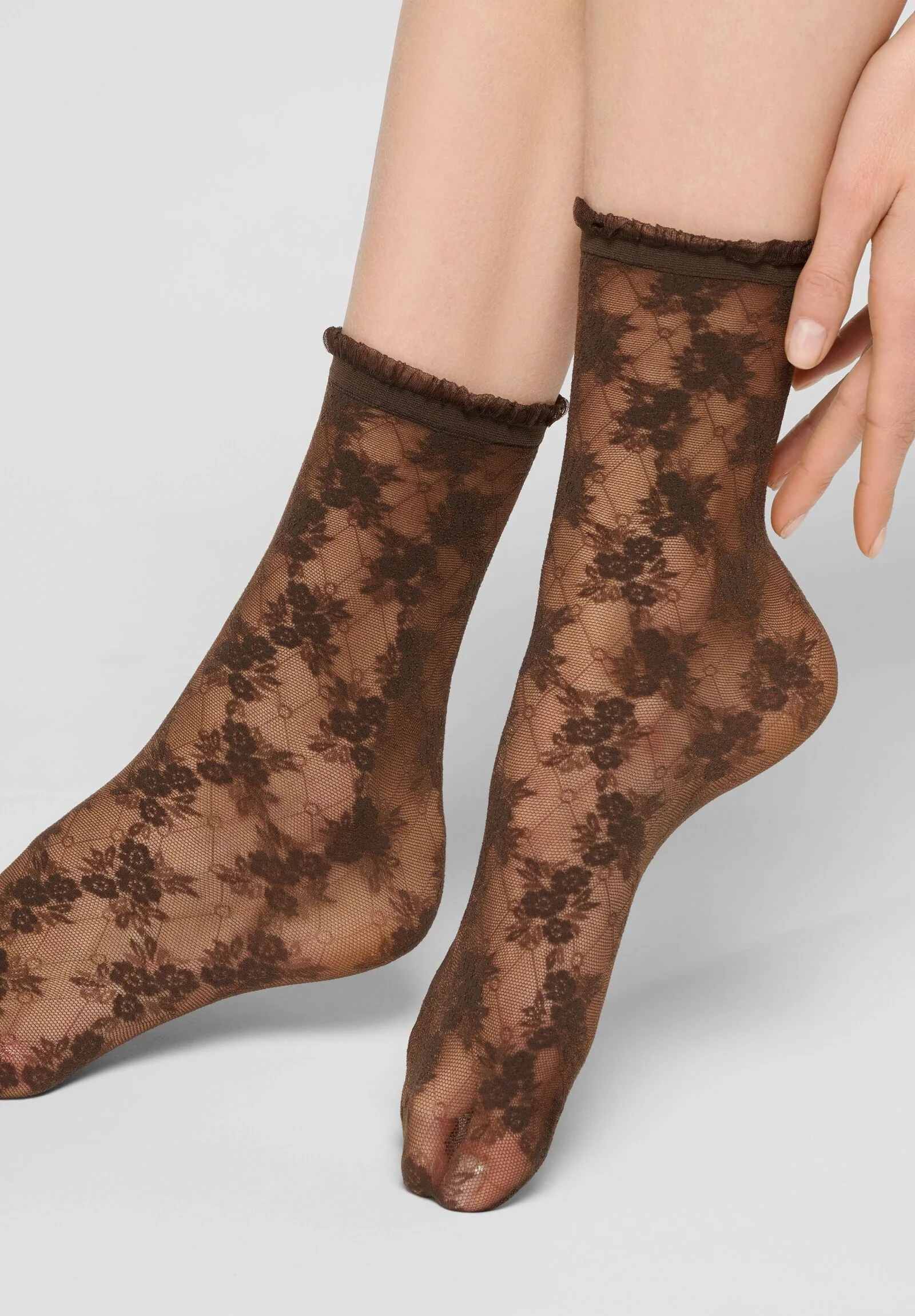 Image of Calzino semi-velato effetto Pizzo Floreale Stylish Lace 30 den - Cioccolato 3