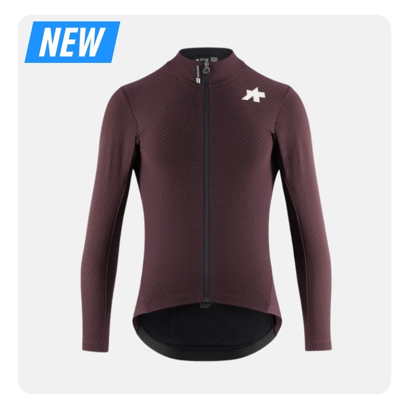 Long-sleeve burgundy textured cycling jersey with full-length front zip and white logo, new style